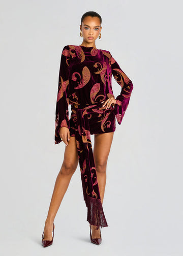 Velvet Printed Bell-Sleeve Mini Dress