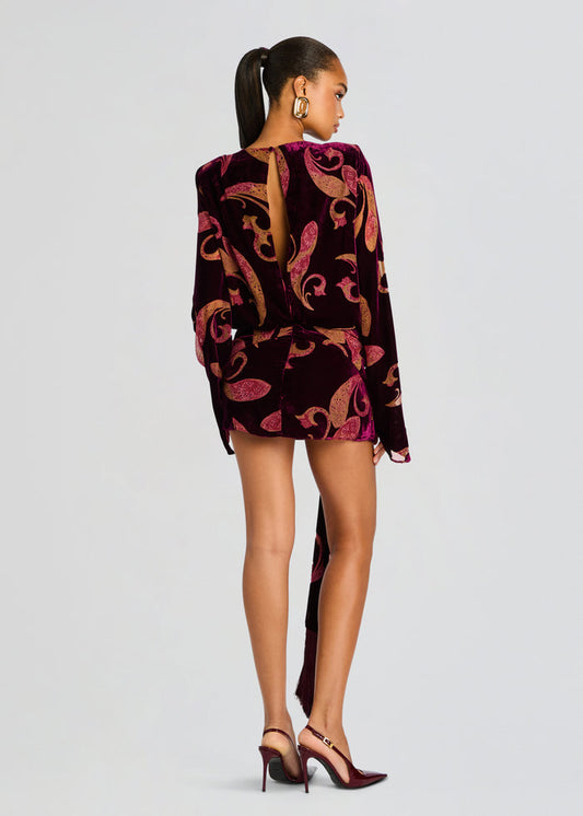 Velvet Printed Bell-Sleeve Mini Dress