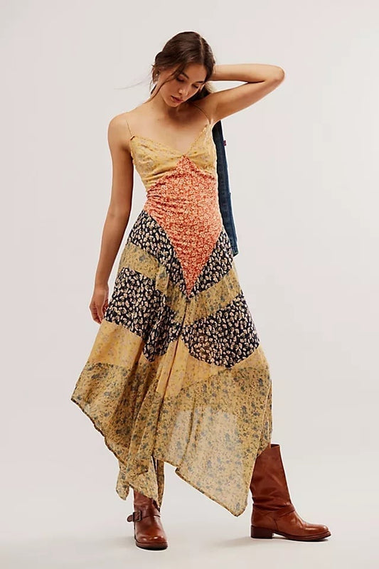 Patchwork Floral Slip Midi Dress