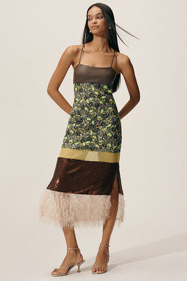 Feather-trimmed midi dress