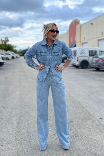Pearl-embellished denim suit