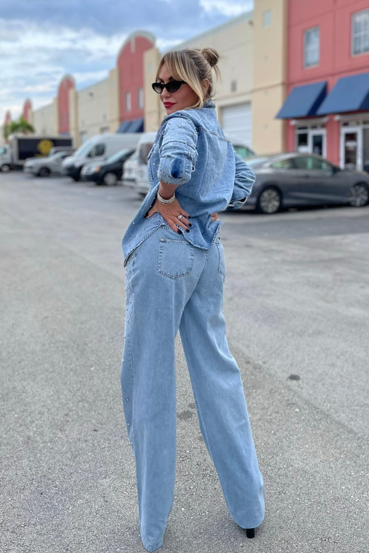 Pearl-embellished denim suit