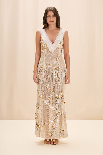 Beige sequined embellished mesh tassel neckline long dress