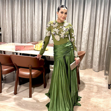 Olive green embellished long dress