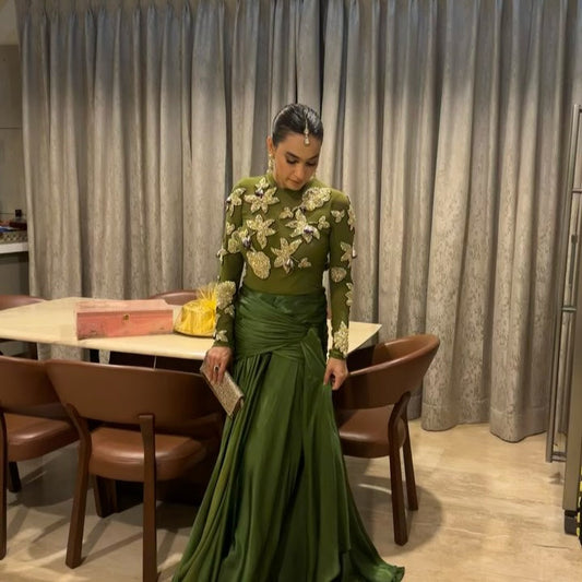 Olive green embellished long dress