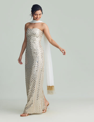 Silver Mirror-Embellished Strapless Long Dress