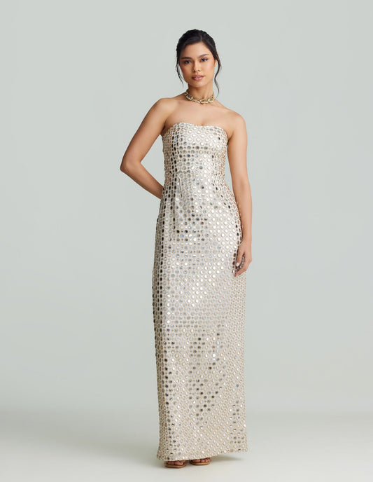 Silver Mirror-Embellished Strapless Long Dress