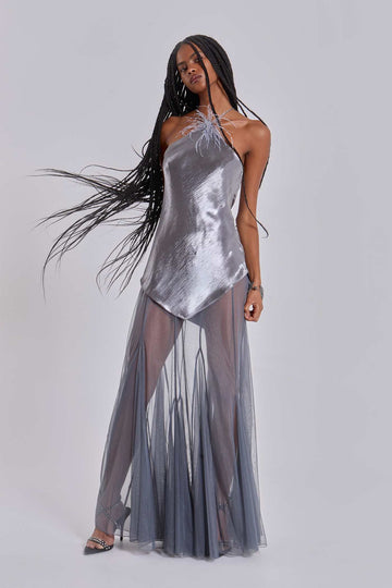 Silver metallic backless see-through long dress