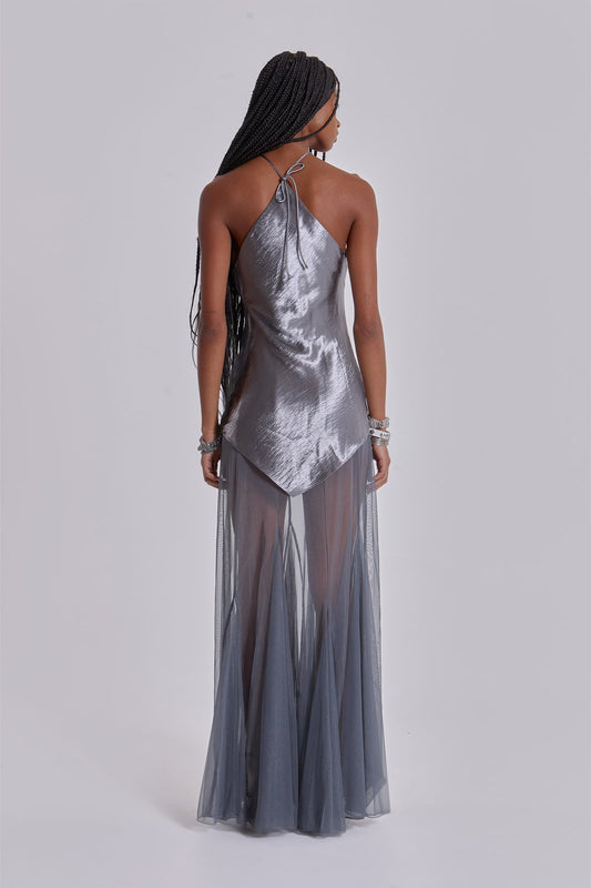 Silver metallic backless see-through long dress