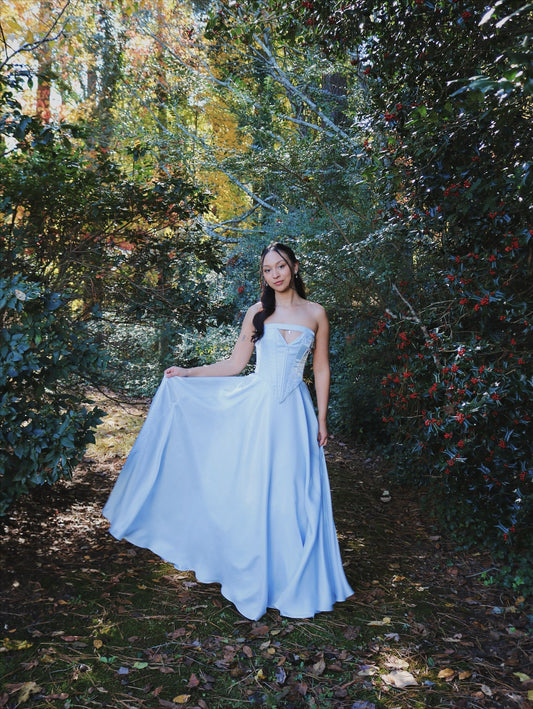 Light blue satin strapless maxi dress