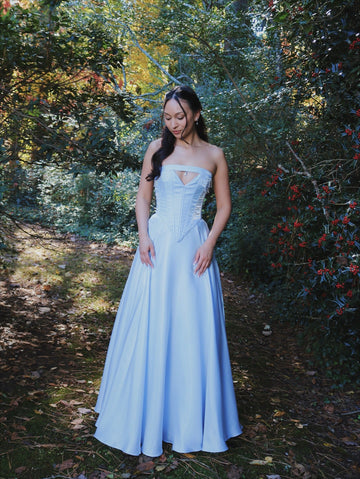 Light blue satin strapless maxi dress