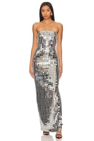 Silver sequined strapless maxi dress