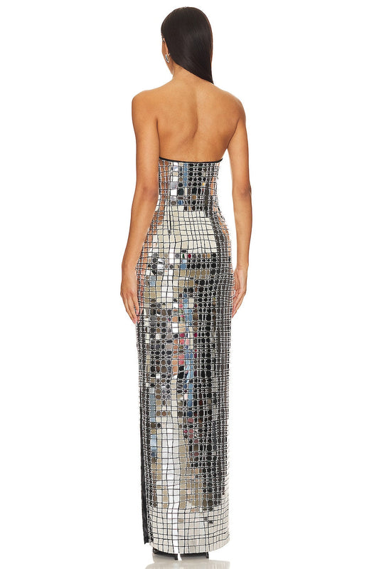Silver sequined strapless maxi dress