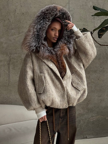 Beige faux fur trim hooded jacket