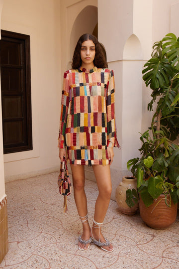 Multi-colored patchwork tassel mini dress