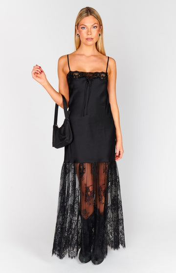 Black Satin & Lace Layered Slip Dress