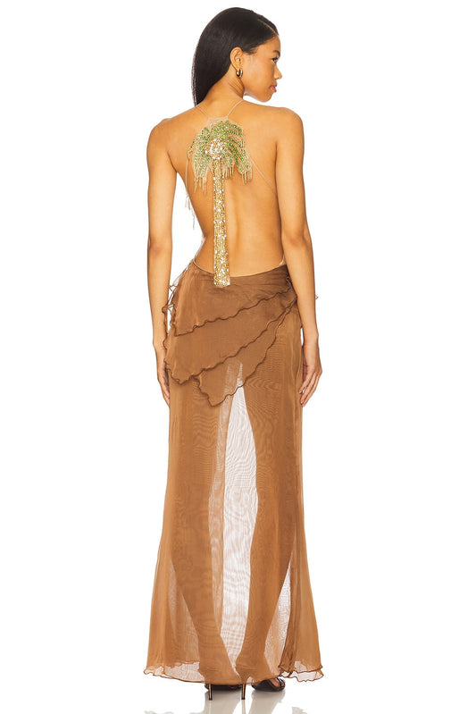 Brown tulle ruffled maxi dress