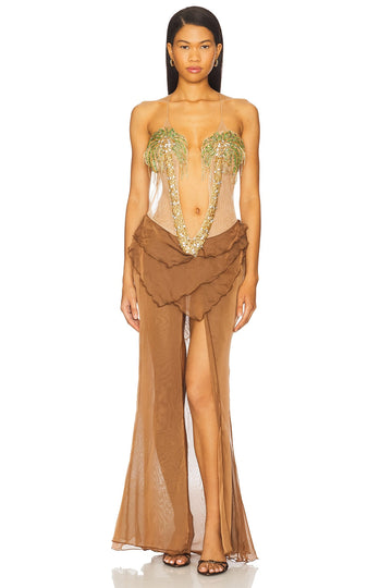 Brown tulle ruffled maxi dress