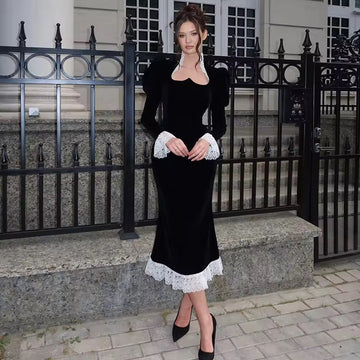 Black velvet lace-trimmed midi dress
