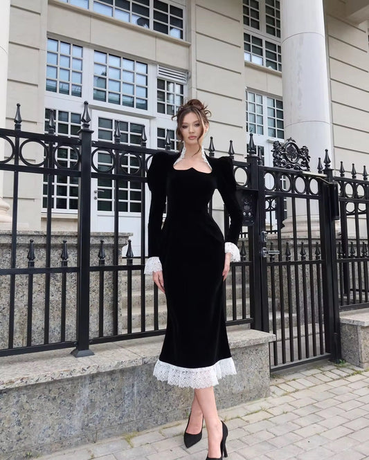 Black velvet lace-trimmed midi dress