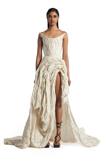 Ivory-colored textured asymmetrical long skirt