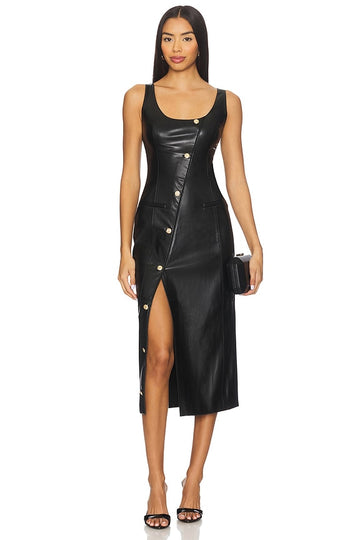 Black faux leather midi dress
