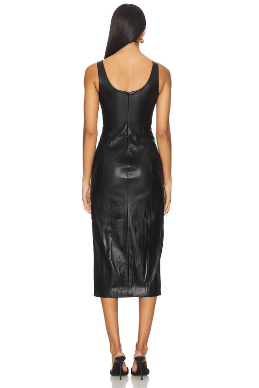 Black faux leather midi dress