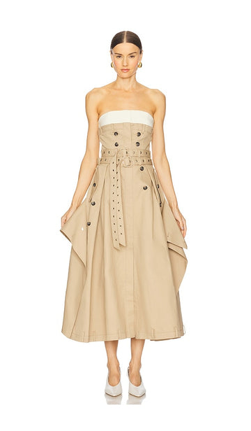 Beige trench coat style long dress
