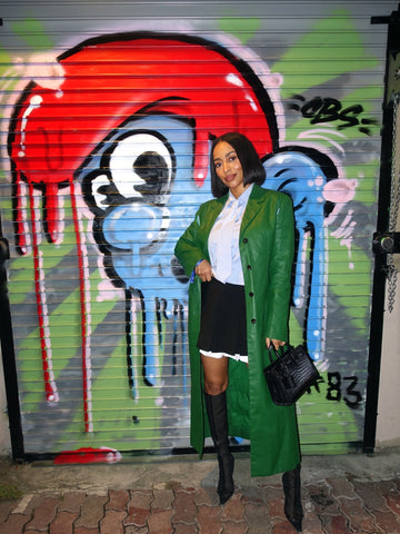 Green leather trench coat