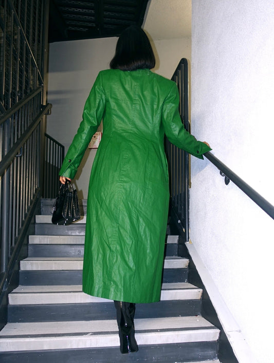 Green leather trench coat