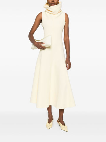 Light yellow sleeveless high-neck midi dress