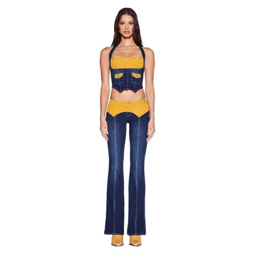 Halter Neck Deconstruct Denim Pants Set