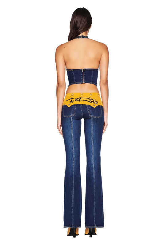 Halter Neck Deconstruct Denim Pants Set