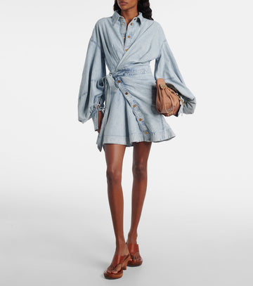 Light-colored washed denim puff-sleeve wrap shirt dress