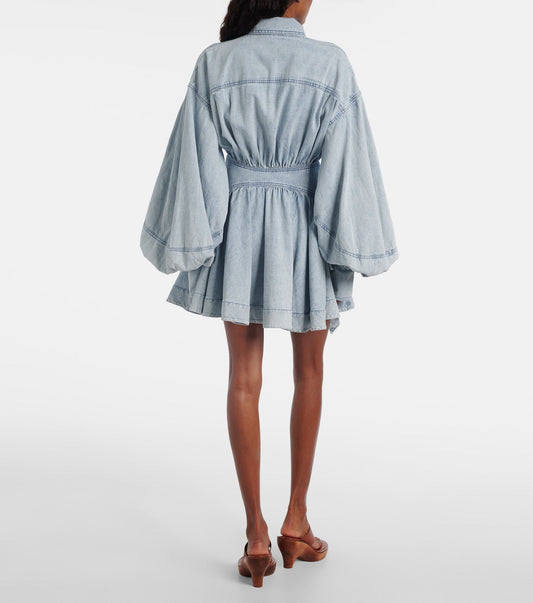 Light-colored washed denim puff-sleeve wrap shirt dress