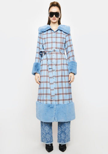 Plaid & Faux Fur Trimmed Trench Coat