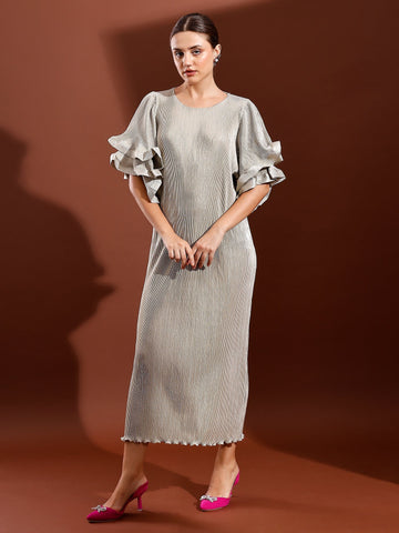 Metallic ruffled sleeve midi dress