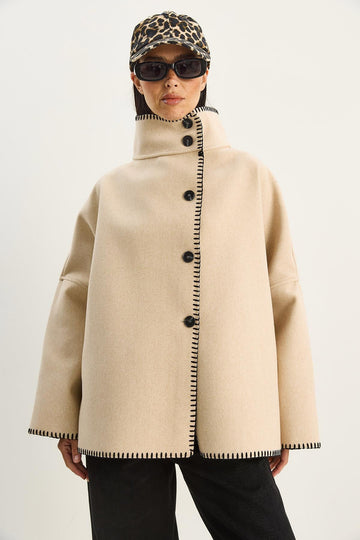 Crocheted stand-up collar cashmere coat