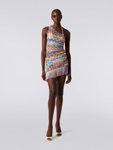 Multi-colored herringbone tassel hem sleeveless mini dress