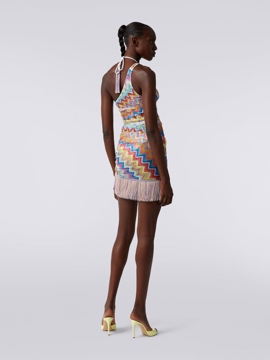 Multi-colored herringbone tassel hem sleeveless mini dress