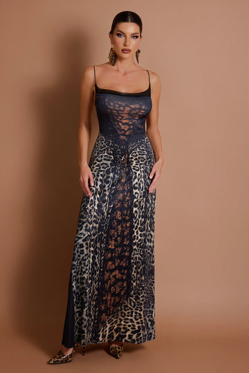 Black leopard print tulle patchwork maxi dress
