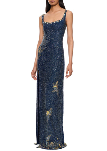 Navy blue sequined starry sky pattern long dress