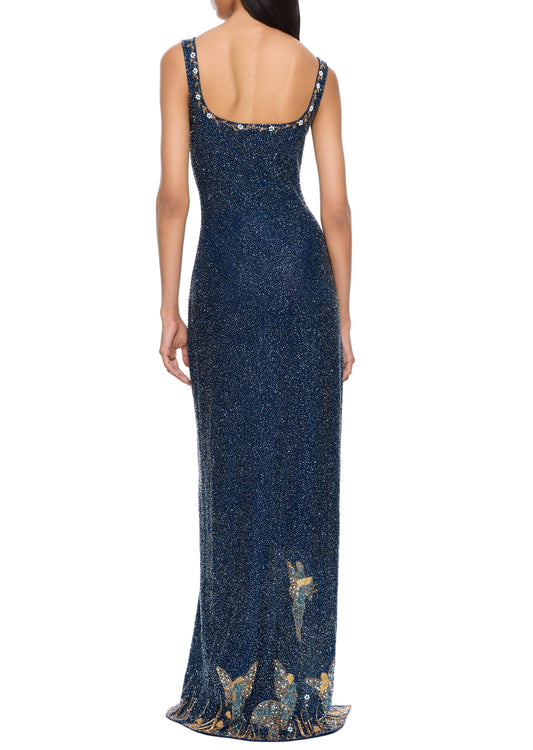 Navy blue sequined starry sky pattern long dress