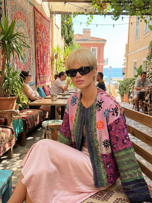 Multi-colored embroidered bohemian style cardigan