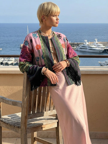 Multi-colored embroidered bohemian style cardigan