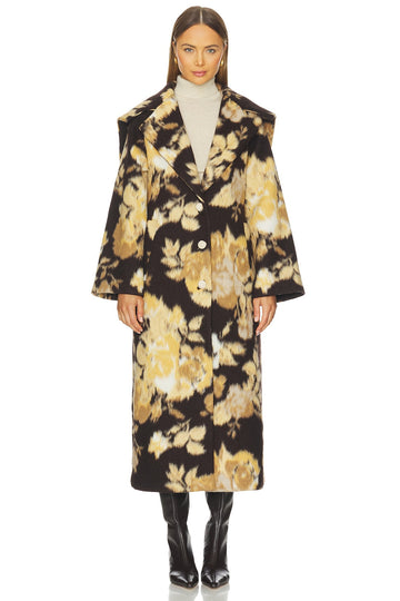 Floral-Print Oversized Long Wool Coat