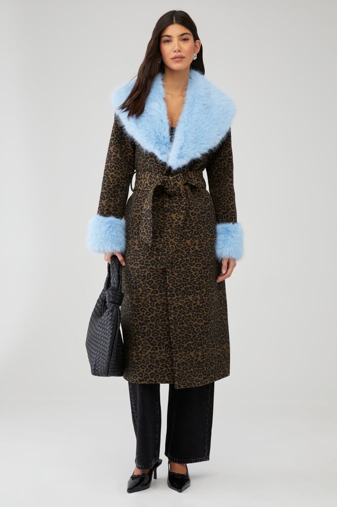 Leopard print coat with faux fur trim