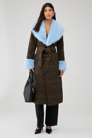 Leopard print coat with faux fur trim