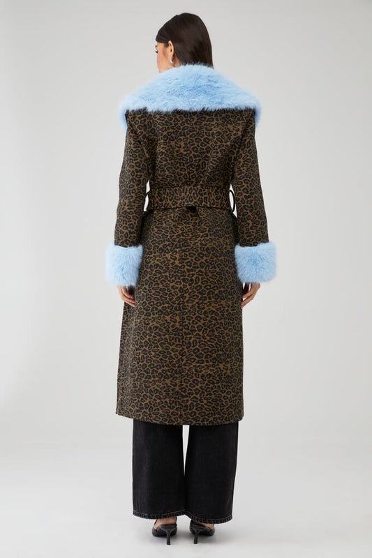 Leopard print coat with faux fur trim