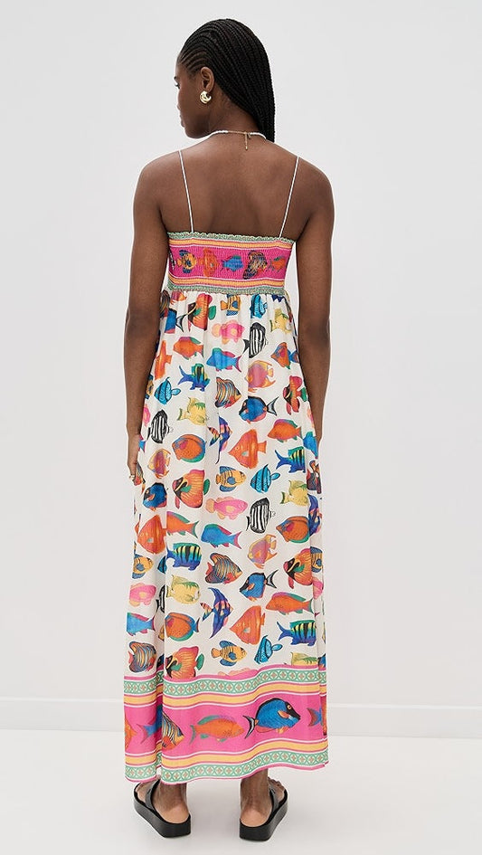 Multi Color Fish Print Cami Maxi Dress